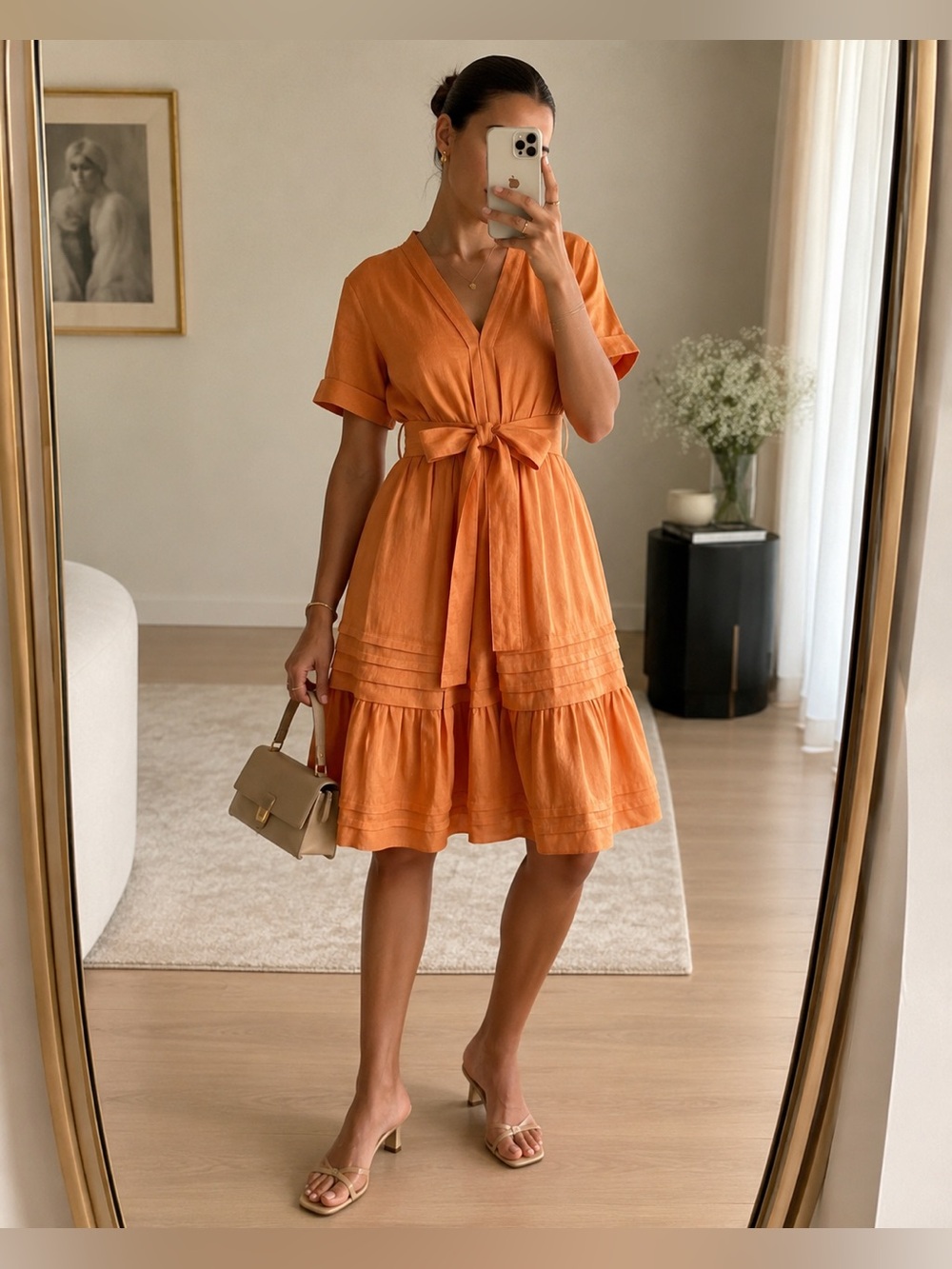 Kobi Halperin Miranda Reversible Coral Linen Silk Belted Midi Dress Size S NWT